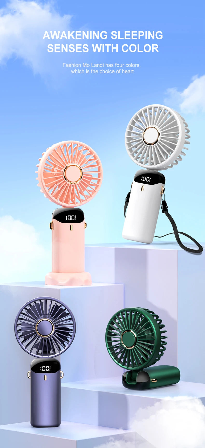 Mini ventilador portátil usb dobrável, ventilador portátil para pendurar no pescoço, ventilador recarregável usb de 5 velocidades com suporte para telefone e tela de exibição