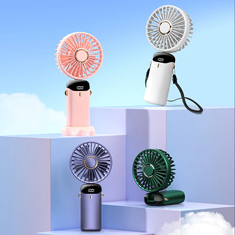 Mini ventilador portátil usb dobrável, ventilador portátil para pendurar no pescoço, ventilador recarregável usb de 5 velocidades com suporte para telefone e tela de exibição